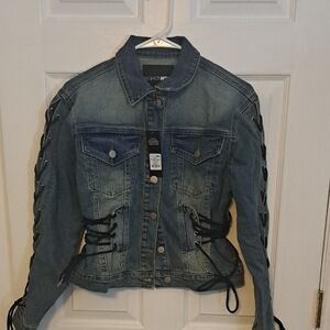 Fashion Nova Blue Denim Jacket with Black Lace Details